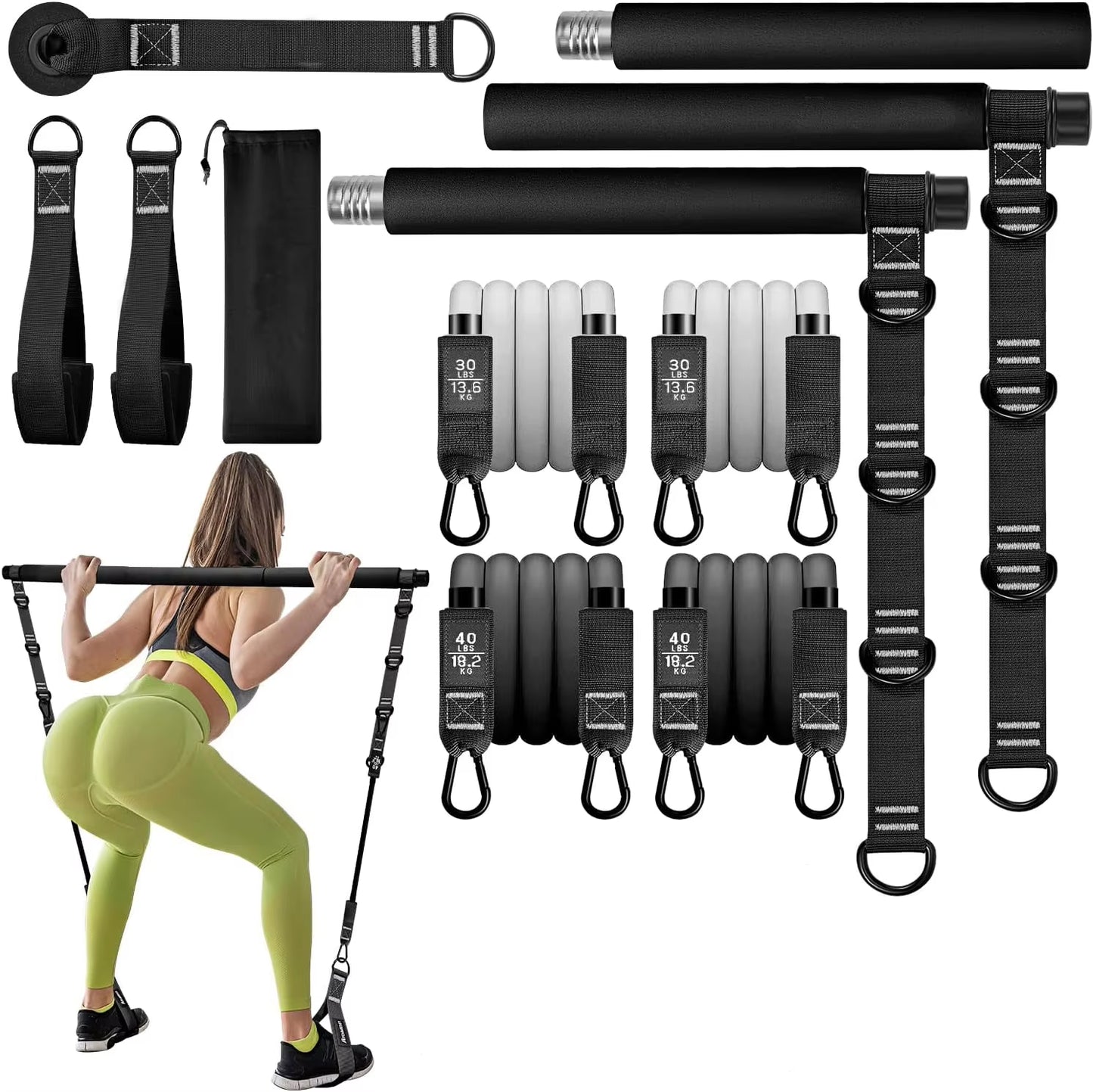 Gym Exercise Fitness Workout Resistance Tube Set Multifunctional Pilates Bar Kit with Resistance Bands
