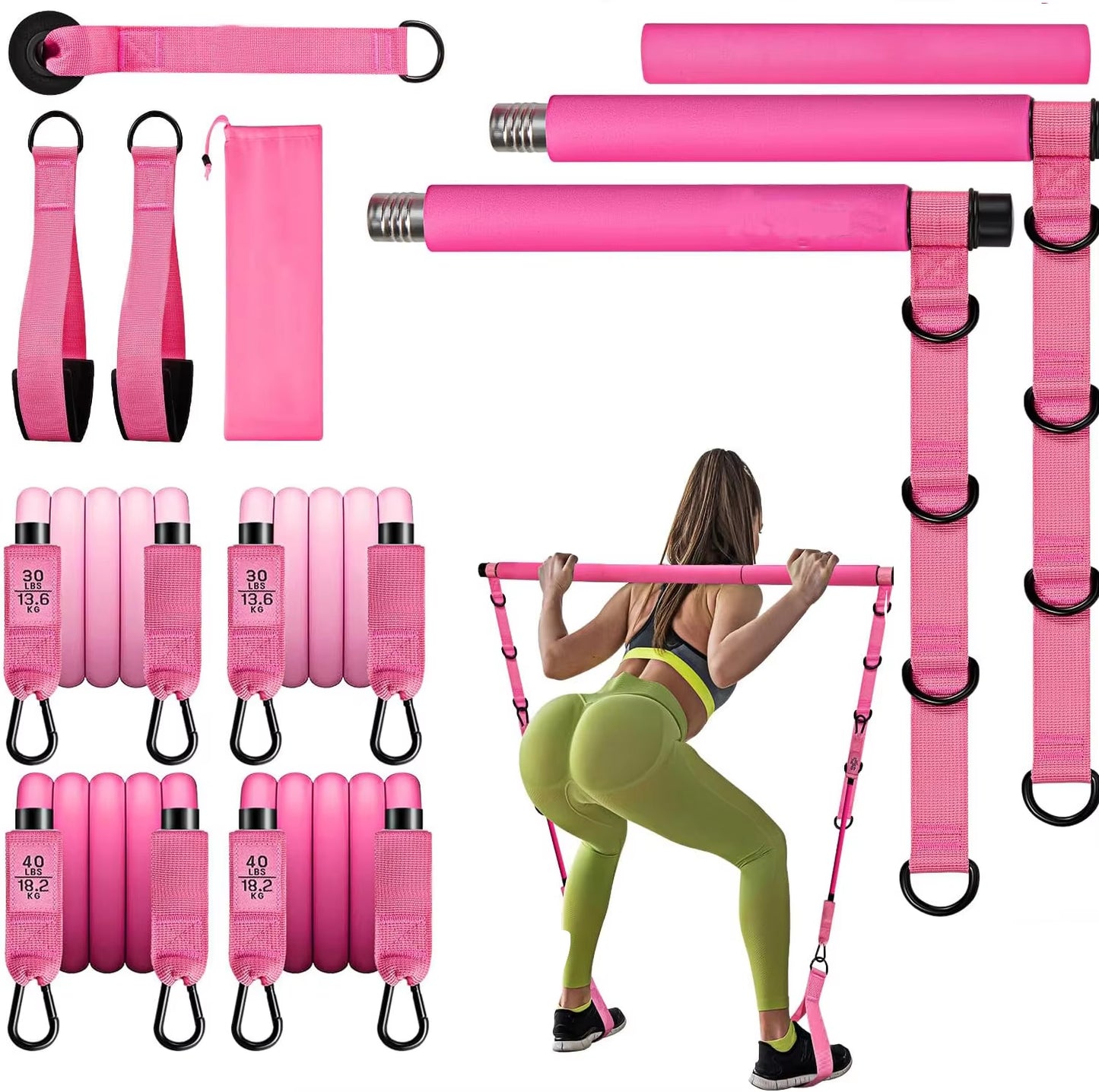 Gym Exercise Fitness Workout Resistance Tube Set Multifunctional Pilates Bar Kit with Resistance Bands